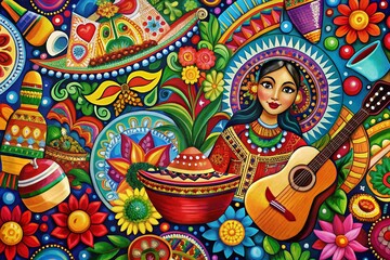 Vibrant Drawing Celebrating Hispanic Culture with Traditional Elements and Colorful Patterns and Symbols