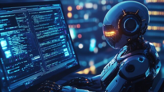 A futuristic robot works on a computer, code displayed on the screen.