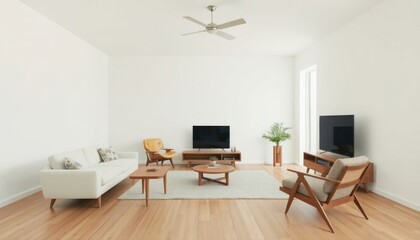 Minimalist living room with a mid-century modern twist, featuring light wood flooring, clean white walls, and rare, low-profile wooden furniture.