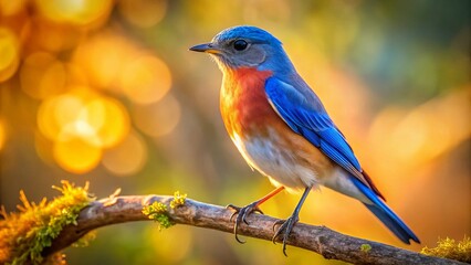 Fototapeta premium Vibrant Female Bluebird Perched Gracefully on a Branch in a Sunlit Natural Environment