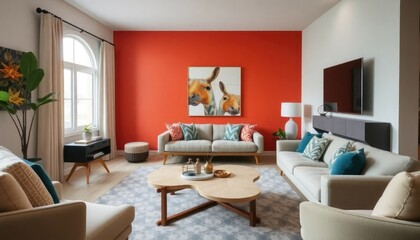 Stylish Mid-Century living room with a focus on comfort, showcasing a cozy sectional, a unique coffee table, and a vibrant accent wall that enhances the space.
