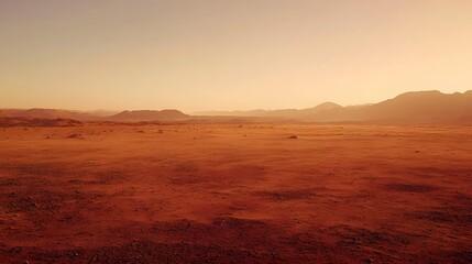A vast, red desert landscape on Mars with mountains in the background.