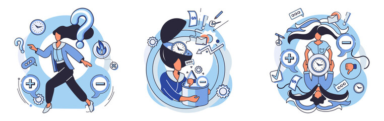 Critical thinking. Central female character surrounded by symbols of questions, tools, and tasks. Ideal for illustrating problem-solving, decision-making, analytical skills, cognitive processes