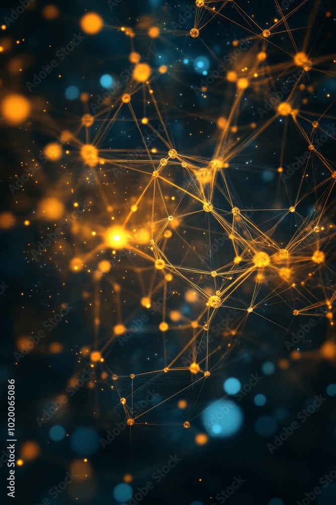 Poster an abstract visualization showcases glowing nodes and interconnected lines in vibrant blue and orang