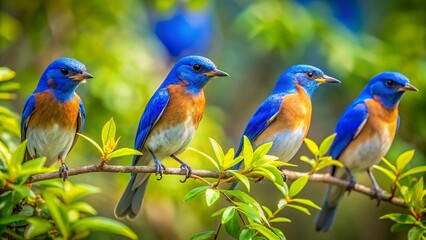 Fototapeta premium Vibrant Florida Blue Birds Perched on Branches Amidst Lush Greenery in a Sunny Natural Habitat