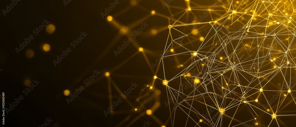 Poster a network of vibrant golden lines and glowing nodes forms an abstract design, set against a dark bac