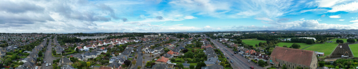 Aerial Wide Angle Panoramic View of Central Edinburgh City of Scotland United Kingdom During Partly Cloudy Day of August 29th, 2024