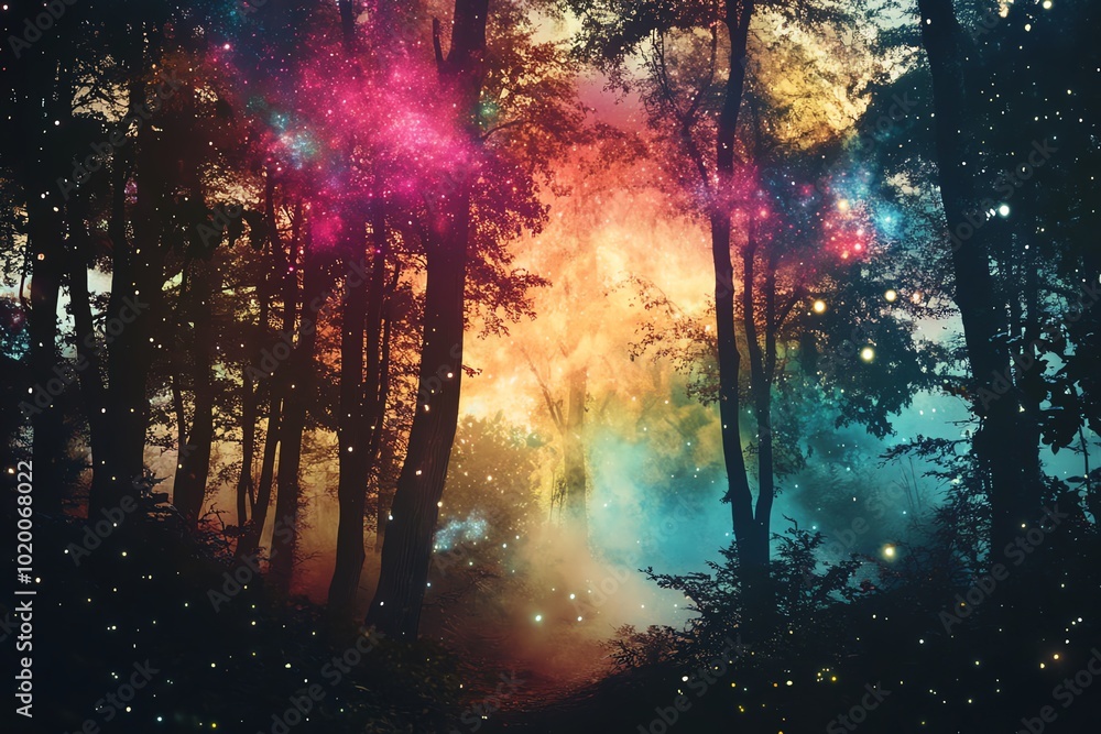 Poster a dreamlike forest scene blending realism with abstract, cosmic colors and shapes in the background