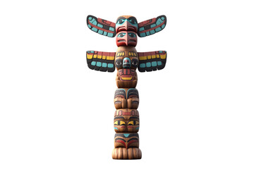 A colorful totem pole showcasing tribal art and history, isolated on a white background.