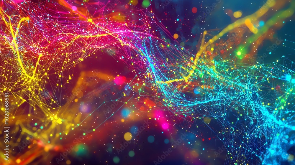 Poster A dynamic web of interlaced light strands, creating a complex and colorful digital matrix
