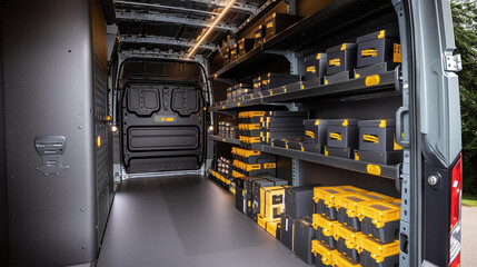 delivery van interior, organized shelves filled with packages ready for distribution