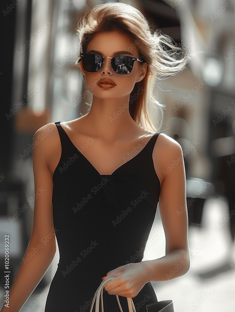 Wall mural An attractive woman wearing black dress, sunglasses, walking down the street with shopping bag in hand.