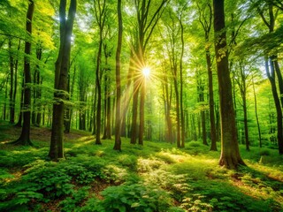Obraz premium Vibrant Green Forest Landscape with Sunlight Filtering Through Leaves and Lush Vegetation Below
