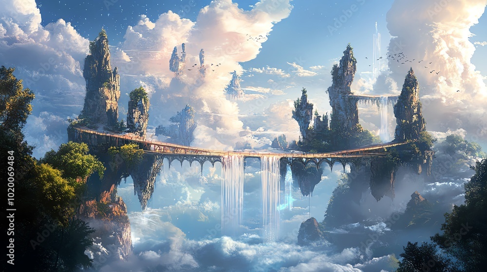 Poster a fantasy landscape with floating mountains, connected by bridges of light and waterfalls falling in