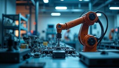 Industrial robotic arm working in automated manufacturing, focused and precise, factory background 