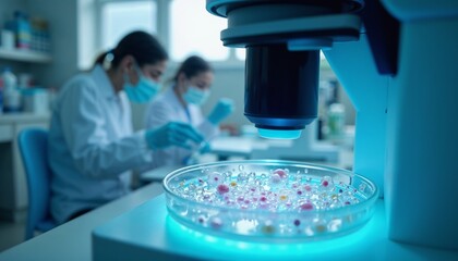 Scientists conducting research under microscope, focused and diligent, laboratory setting with petri dish