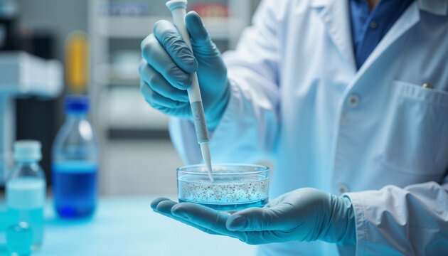 A technician handling stem cell samples in a lab, using a pipette to transfer cells to a petri dish