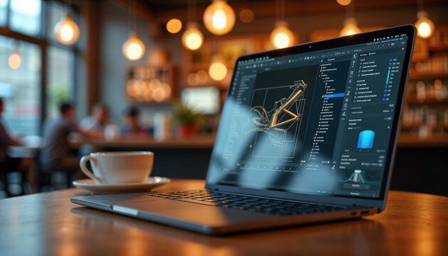 Laptop with design software on display, modern and creative, coffee cup on wooden table, cafe setting 
