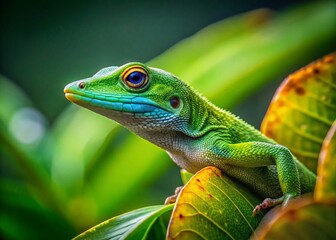 Obraz premium Vibrant Green Lizard on Leaf Surrounded by Nature, Showcasing Its Unique Texture and Coloration