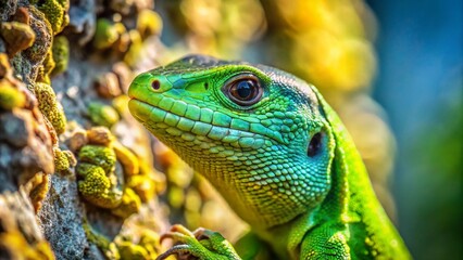 Obraz premium Vibrant Green Lizard Camouflaged on a Textured House Wall Surrounded by Nature's Beauty