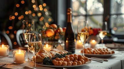 Fototapeta premium Simple and elegantly served New Year's table with food.