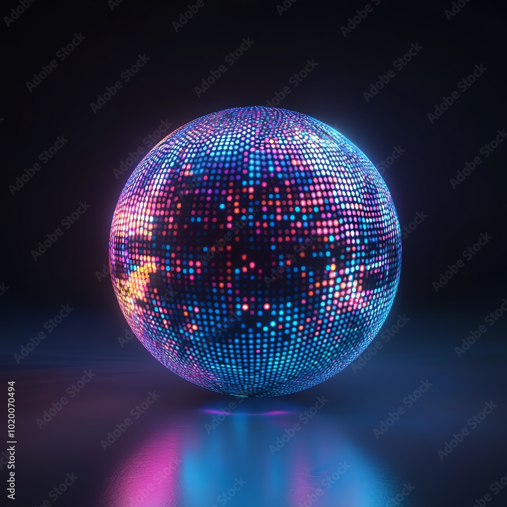 Poster a floating 3d orb made of abstract holographic patterns, radiating soft neon light