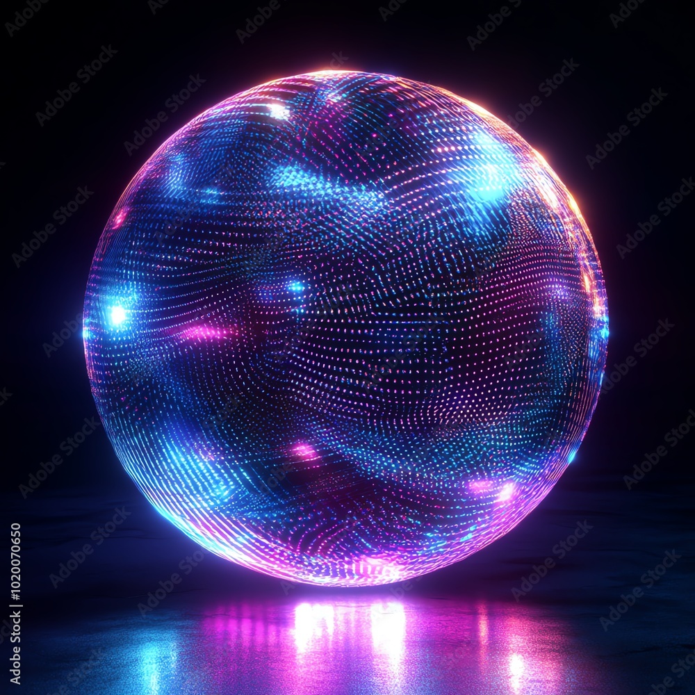 Poster a floating 3d orb made of abstract holographic patterns, radiating soft neon light