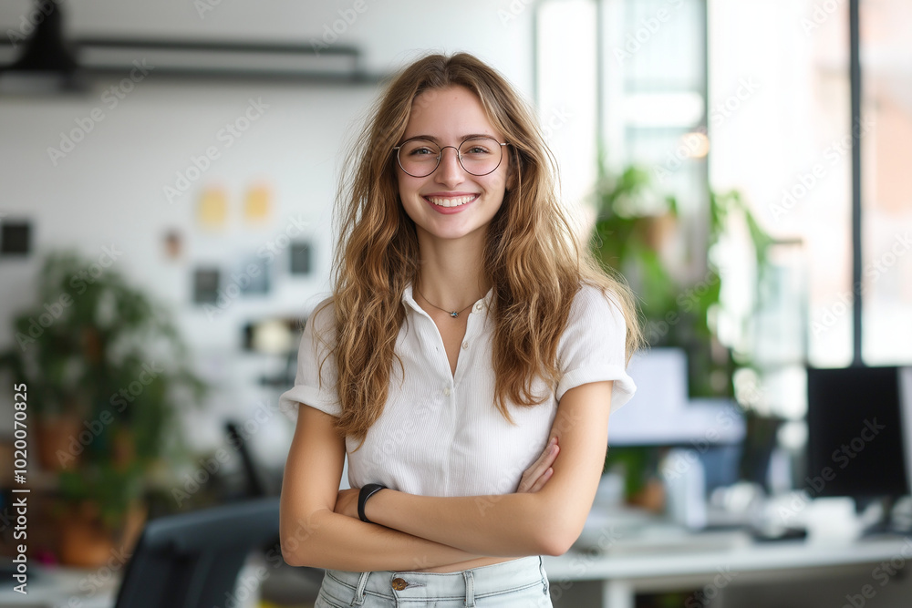 Wall mural young beautiful happy woman standing smiling in the office at work