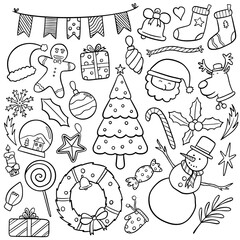 A collection of hand drawn Christmas themed illustration, including festive elements like a snowman, tree, Santa, ornaments, and more. Perfect for holiday designs, cards, and decorations.