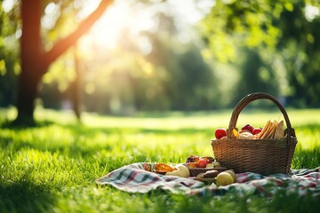 A picnic setup with a blanket, basket, and delicious snacks in a sunny park. Soft afternoon light. Lush greenery background.