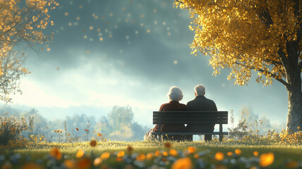 Illustration, an elderly couple sitting on a bench