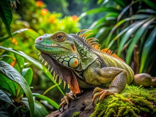 Obraz premium Vibrant Iguana Resting on a Rock Surrounded by Lush Green Foliage in a Tropical Environment