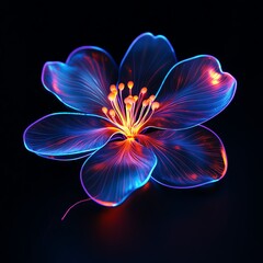 A futuristic flower glowing with bioluminescence, its petals glowing in bright neon, creating a surreal contrast against a pitchblack setting