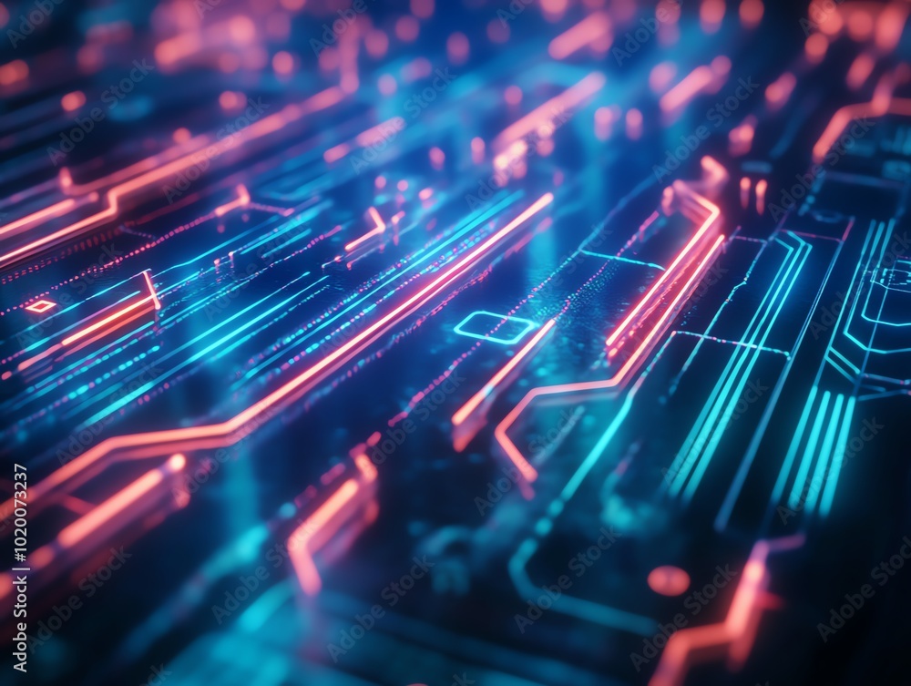 Aufkleber abstract futuristic circuit board with glowing lines and vibrant colors.
