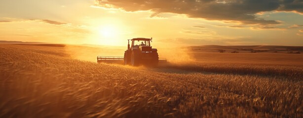 Fototapeta premium Tractor Sunset Harvest.