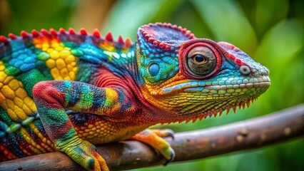 Obraz premium Vibrant Jackson's Chameleon Displaying Colorful Skin Patterns on a Branch in Natural Habitat