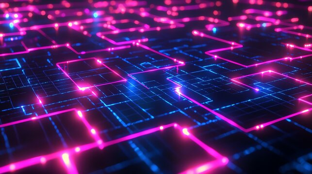 A futuristic grid of luminous squares and lines, pulsating with energy and forming a digital labyrinth