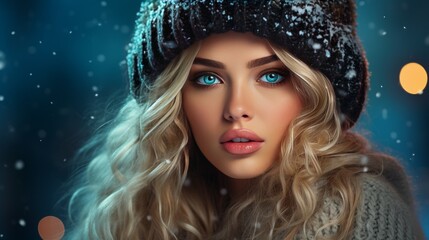 Beautiful woman looking at camera on winter background