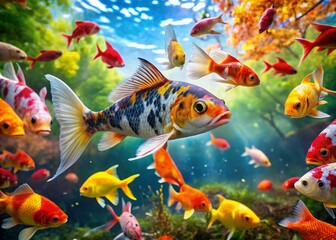 Fototapeta premium Vibrant Koi Butterfly Fish Swimming Gracefully in a Serene Water Environment Full of Colorful Foliage
