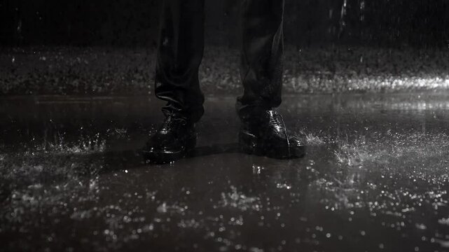 A man in black shoes in the rain, close-up
