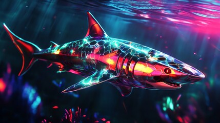 Fototapeta premium A futuristic shark with metallic scales, swimming in a neon ocean