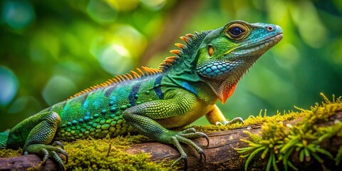 Obraz premium Vibrant Lagartija Dragon Resting on a Branch in the Lush Green Forest of Central America