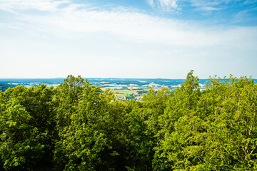 View of the green landscape from Rehberg near Kulmbach.

