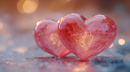 Fototapeta premium Glittering glass hearts on sandy surface, romantic love concept