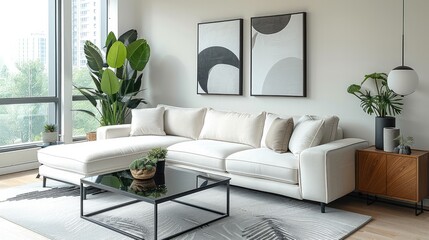 Minimalist living room with a sleek white sectional sofa, a black glass coffee table, and modern black-and-white abstract wall art. Wooden sideboard and potted plants in each corner.