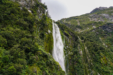 Waterfall plunging into Milford Sound, surrounded by the lush greenery and dramatic cliffs of Fiordland National Park.