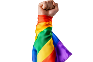 A raised fist adorned with a rainbow flag, symbolizing pride and unity against a white isolate background.
