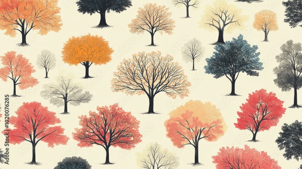 Poster seamless pattern of stylized autumn trees on a light background