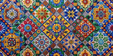 Vibrant Mexican Tile Mosaic Pattern Featuring Colorful Geometric Shapes and Intricate Designs