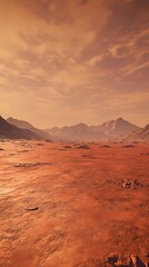 Naklejka premium A vast, red desert landscape on Mars with mountains in the background.